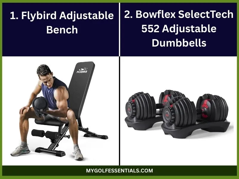 this picture shows product images for  Bench and Dumbbells, which are needed to do Dumbbell Bench Press