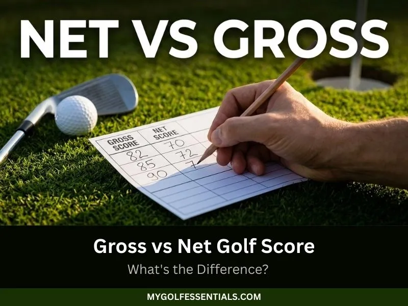 Golf scorecard with gross vs net golf score, golf ball and club beside it and golfer holding pencil