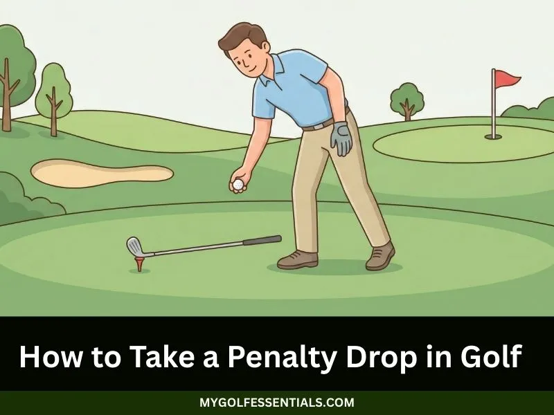Golfer performing correct penalty drop from knee height with club measuring relief distance