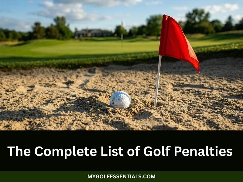 Golf ball partially buried in sand bunker with red penalty flag on golf course