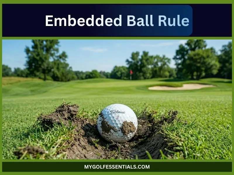 Embedded ball rule example showing golf ball plugged in soft fairway turf with visible pitch mark