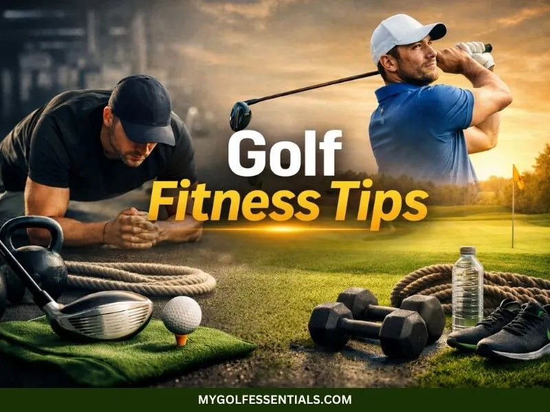 Fitness tips for golfers: golfer swinging on a sunny course with fitness exercises and equipment like dumbbells and yoga mat in the foreground.