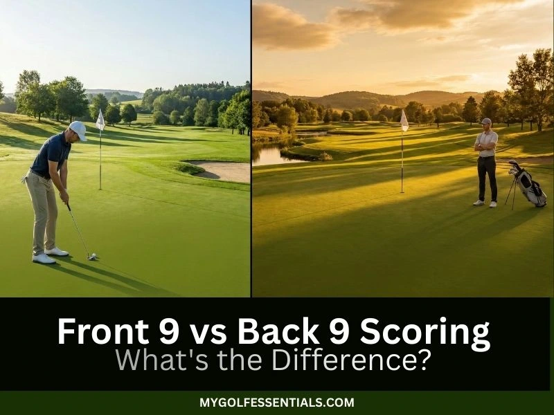 split image showing two golfers, one playing the front nine in bright morning light and the other on the back nine in warm evening light.