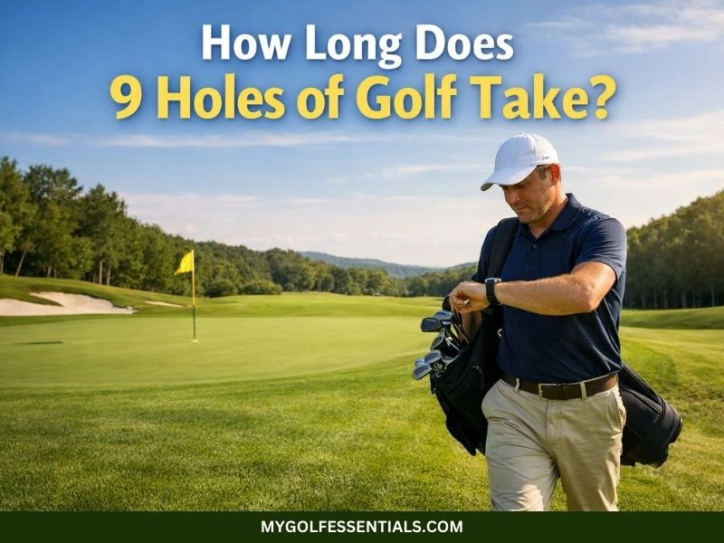 golfer checking watch on golf course showing how long does 9 holes of golf take