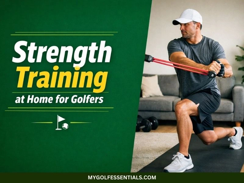 Strength training at home for golfers with golfer exercising and title on dark green background