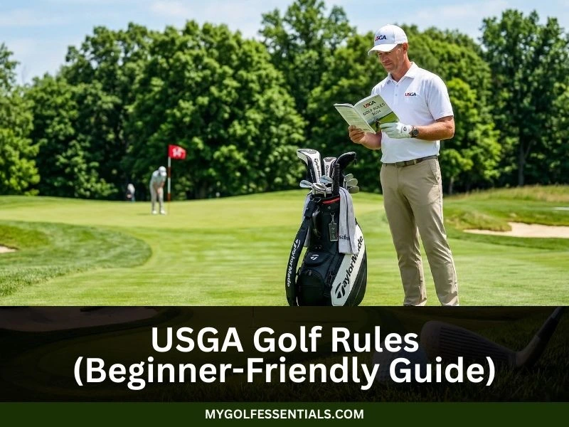 Golfer holding a USGA golf rules book on a sunny golf course with clubs and flagstick in the background
