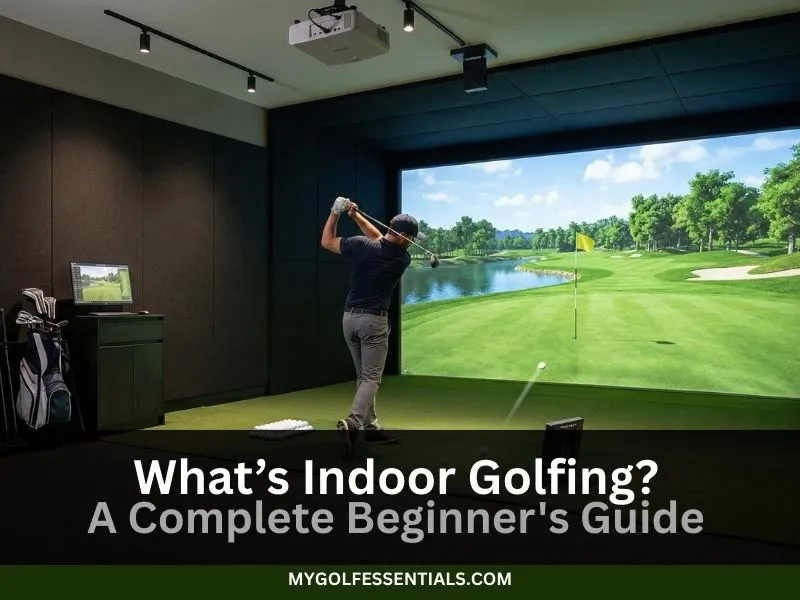 Golfer mid-swing in a modern indoor golfing simulator room with a large impact screen displaying a virtual golf course.